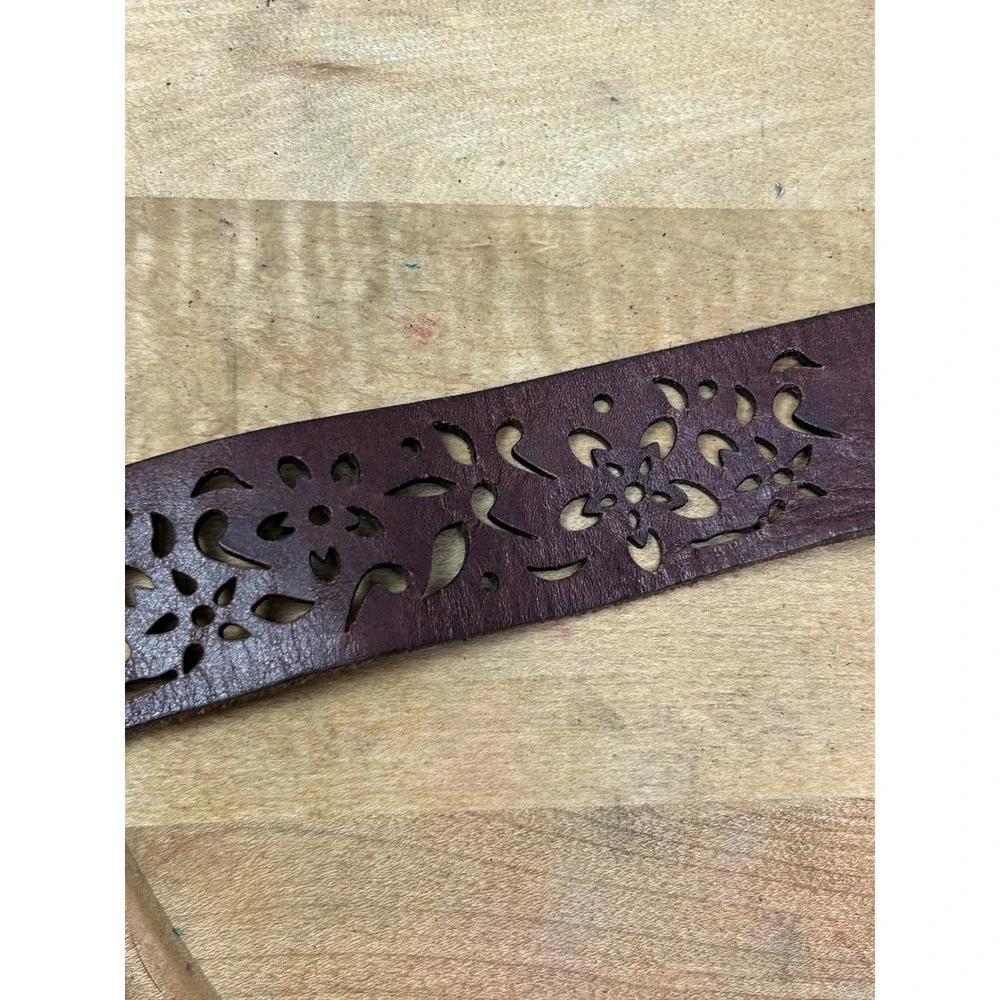 American Eagle Belt Womens XL Brown Genuine Leather Floral Laser Cut Boho Wide